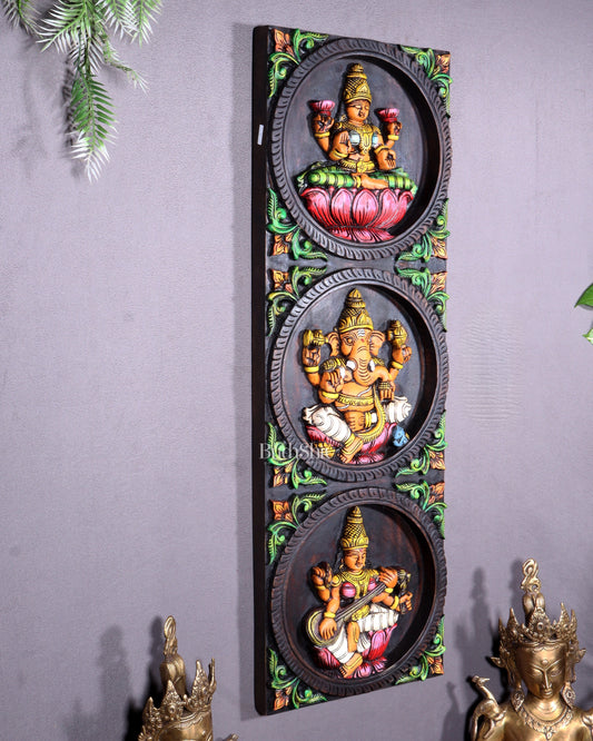 Hand-Painted Wooden Ganesha Lakshmi Saraswati Wall Hanging – 36 Inch