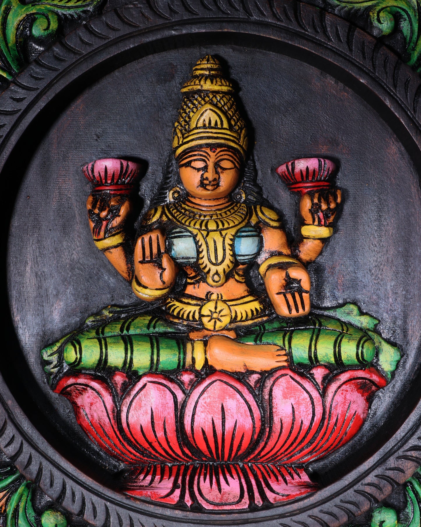 Hand-Painted Wooden Ganesha Lakshmi Saraswati Wall Hanging – 36 Inch