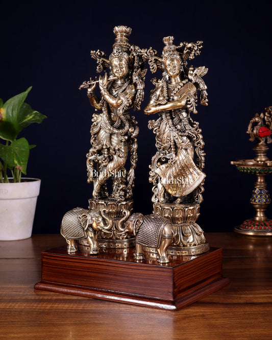 Brass Radha Krishna with Elephants on Wooden Base – Superfine Finish 11.5 inch