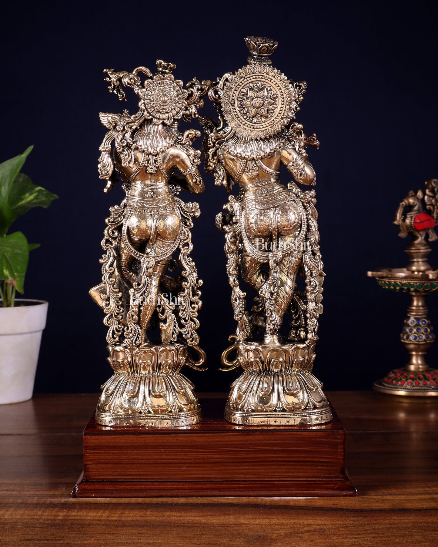 Brass Radha Krishna with Elephants on Wooden Base – Superfine Finish 11.5 inch