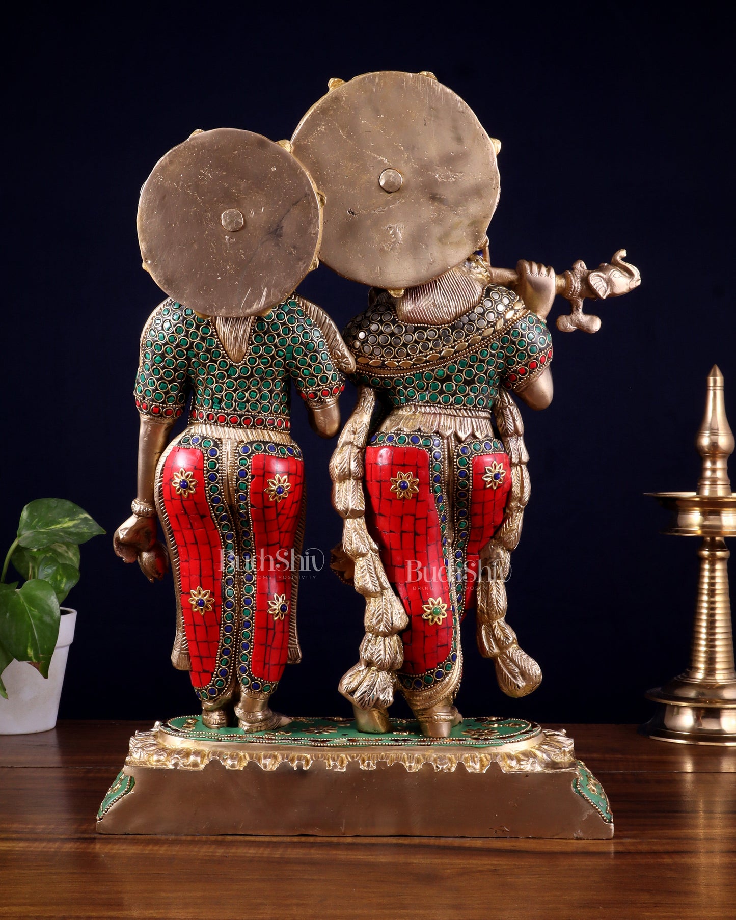 Pure Brass Large Radha Krishna Statue with Meenakari Stonework | 17 Inch