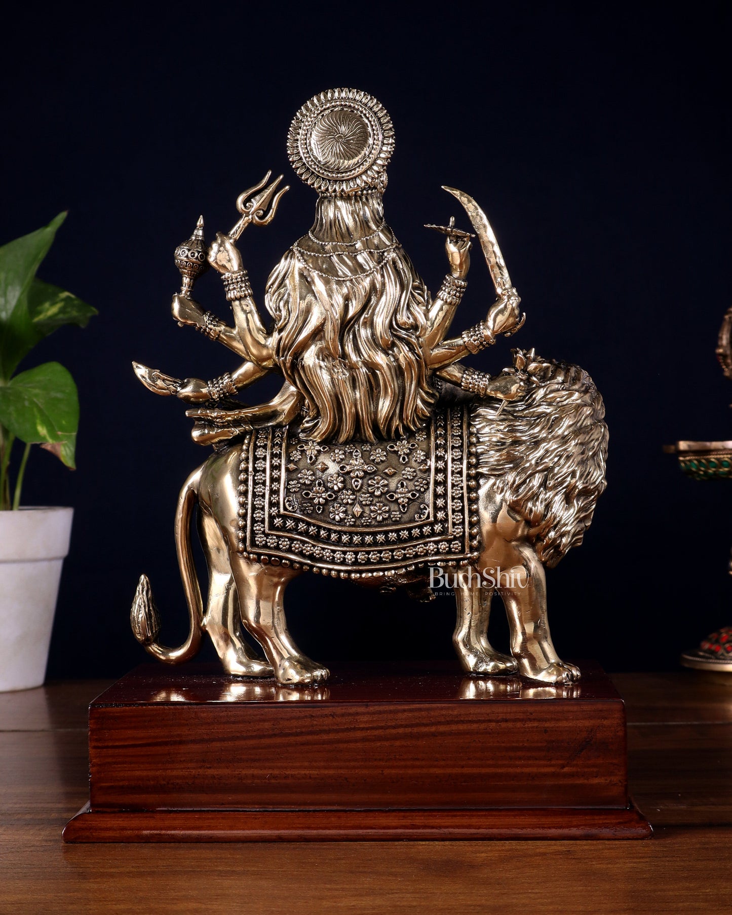 Brass Superfine Durga Ambe Mata Idol on Wooden Base – 9.5 Inch