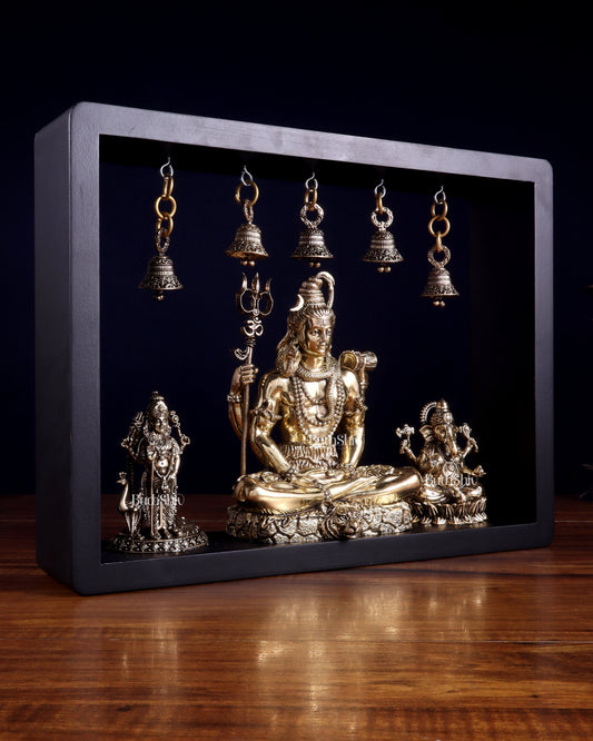 Brass Superfine Lord Shiva with Kartikeya and Ganesha Idol on MDF Frame – An Epitome of Father & Son Bond (11 Inch)