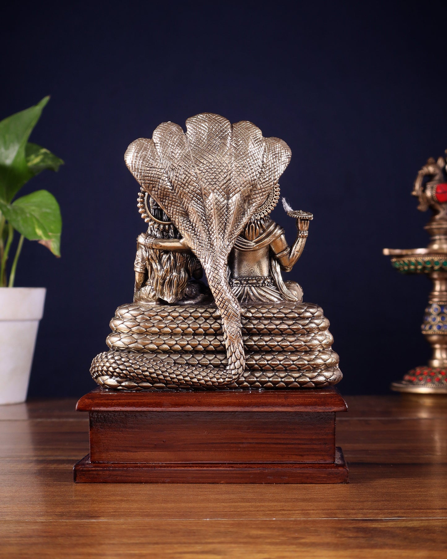 Pure Brass Superfine Lakshmi Narayan on Sheshanaag – on Wooden Base (7 Inch)7