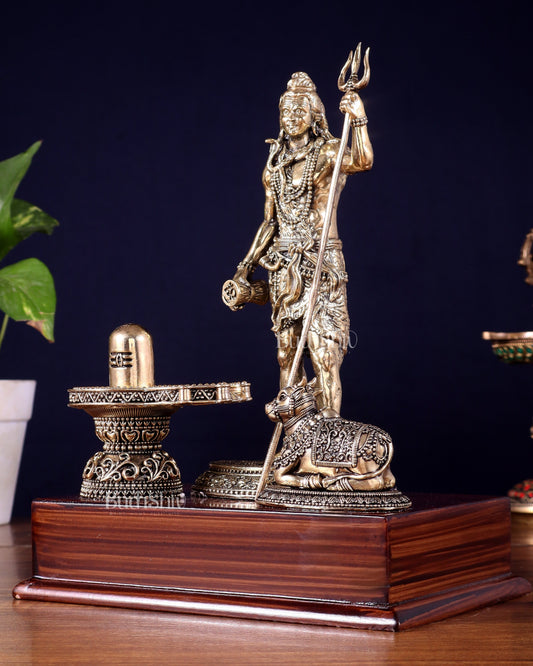 Brass Superfine Standing Lord Shiva with Nandi & Shivling – Wooden Base (9.5 Inch)
