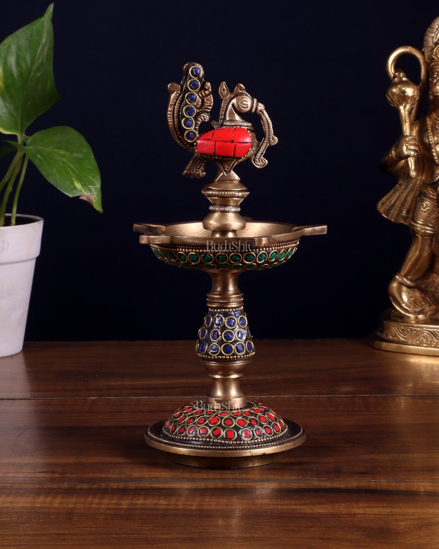 Pure Brass Handcrafted Superfine Peacock Samai Panchdeepam with Meenakari Stonework 8"