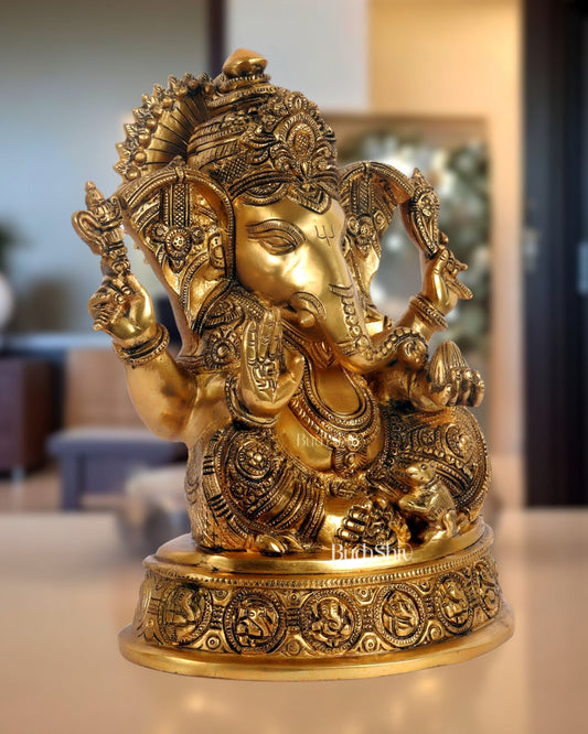 Brass Ganesha Statue with Ashtavinayaka carvings 11 inch