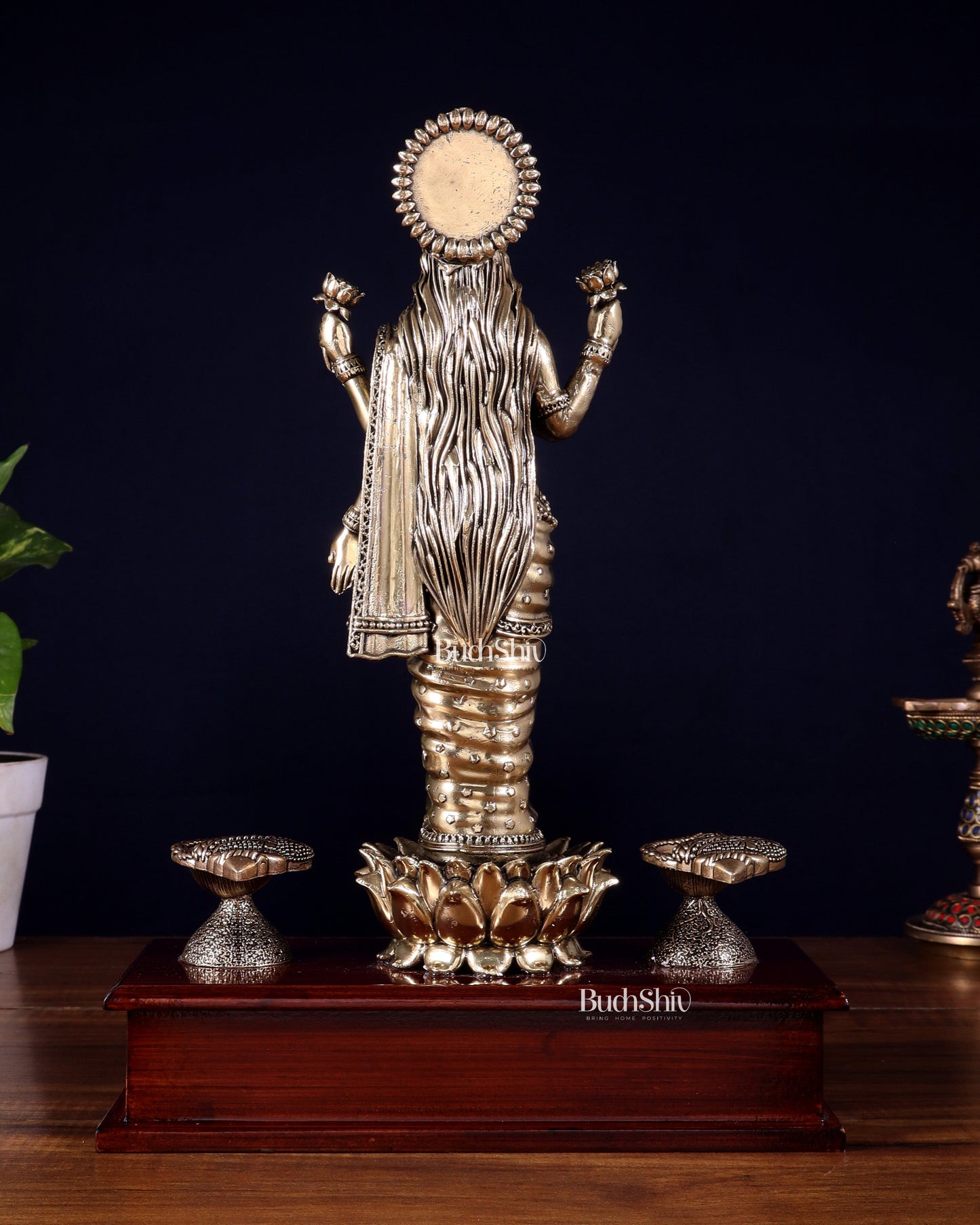 Brass Superfine Goddess Lakshmi Standing on Wooden Base with Diyas – 12.5 Inch