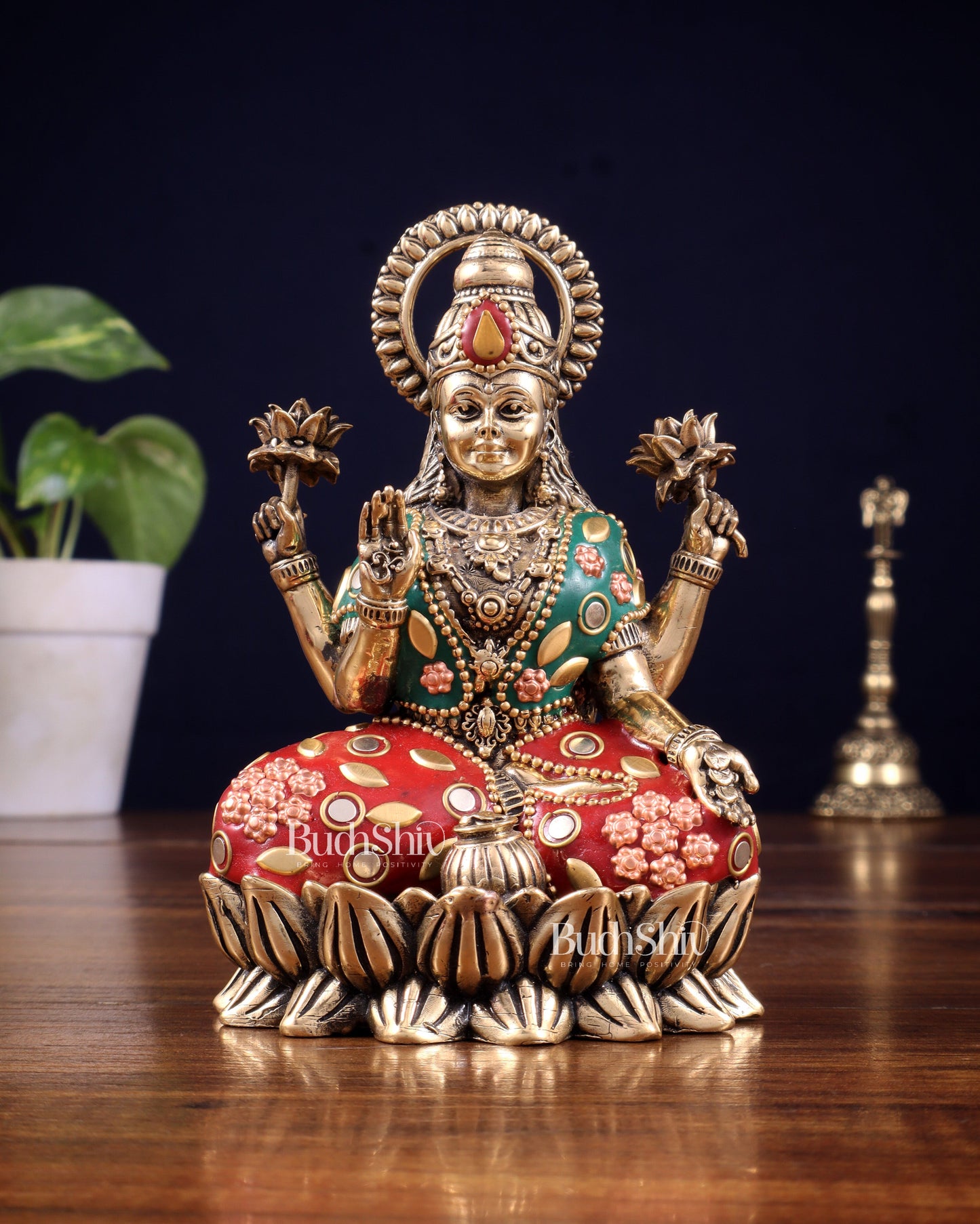 Pure Brass Intricate Ganesha Lakshmi Idols - meenakari Stonework - 5 inch