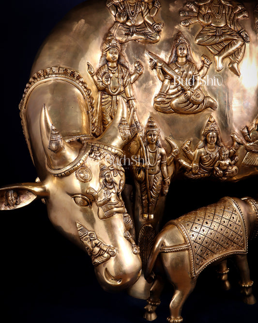Majestic Large Pure Brass Kamadhenu Cow with Calf – Engraved with All Gods 40 inch