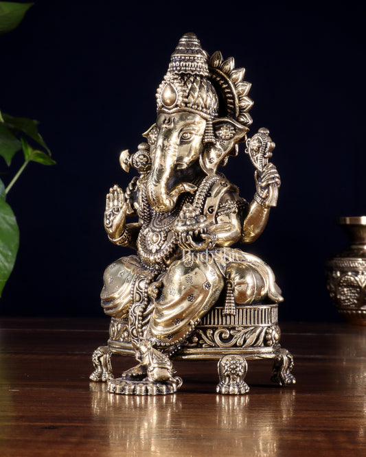 Brass Superfine Ganesha Seated on Throne Idol 6 inch