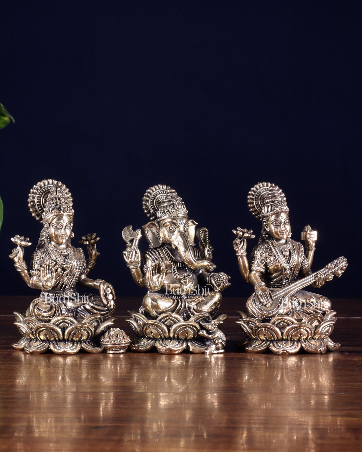 Brass Superfine Ganesha Lakshmi Saraswati Idol Set 4"