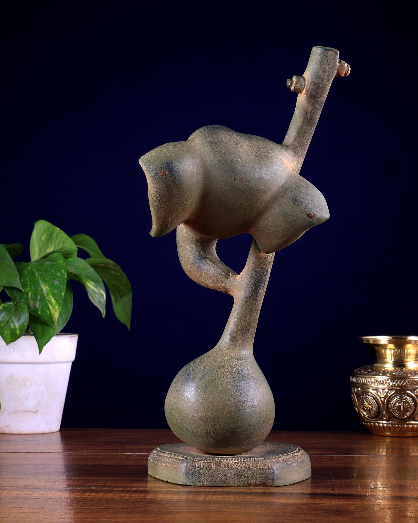 Brass Lord Ganesha with Veena table accent, Sandstone finish- 12 Inch