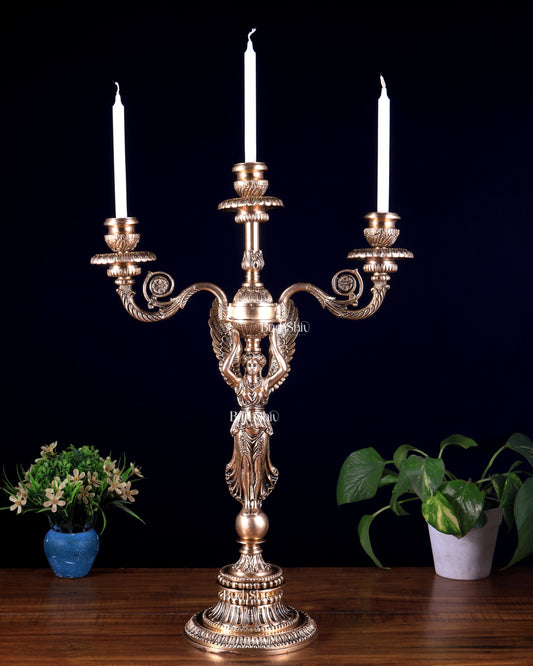 Vintage Brass Angel with Four Candle Holders – Majestic Greek Style Décor 19 inch