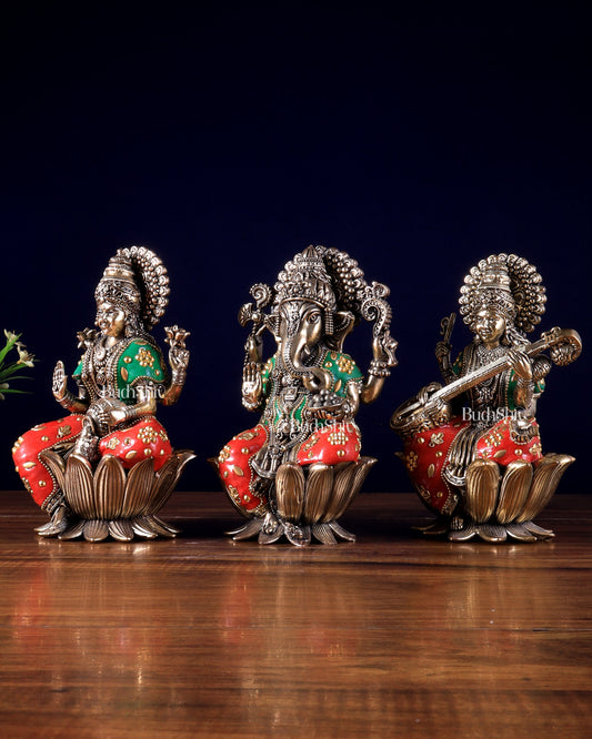 Pure Brass Superfine Ganesha Lakshmi Saraswati Idol Set – Available in 4, 6 & 8 Inches with meenakari