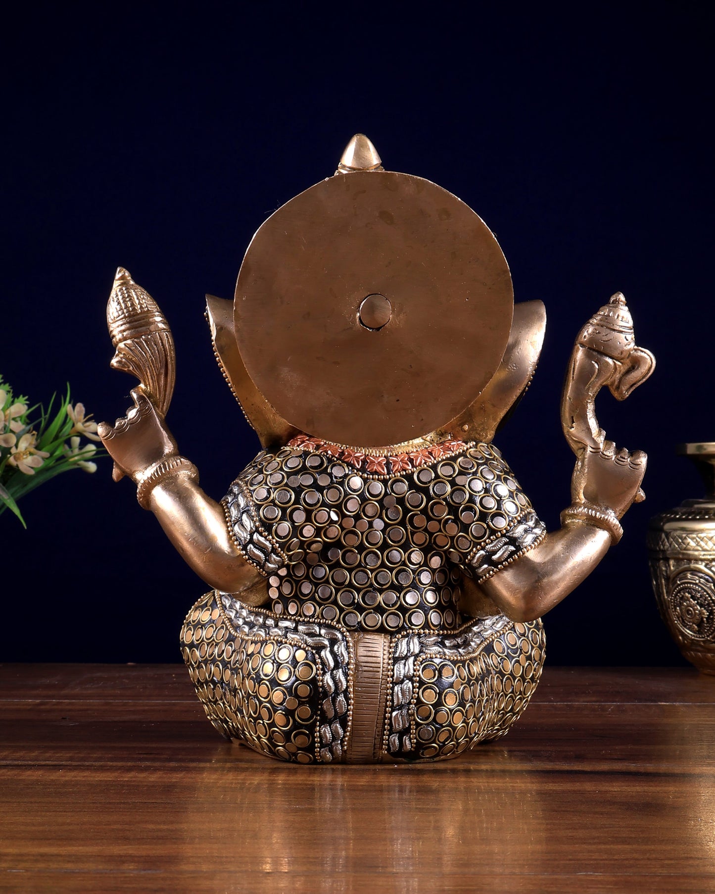 Brass Ganesha Idol with Sharp Features - 8 Inch