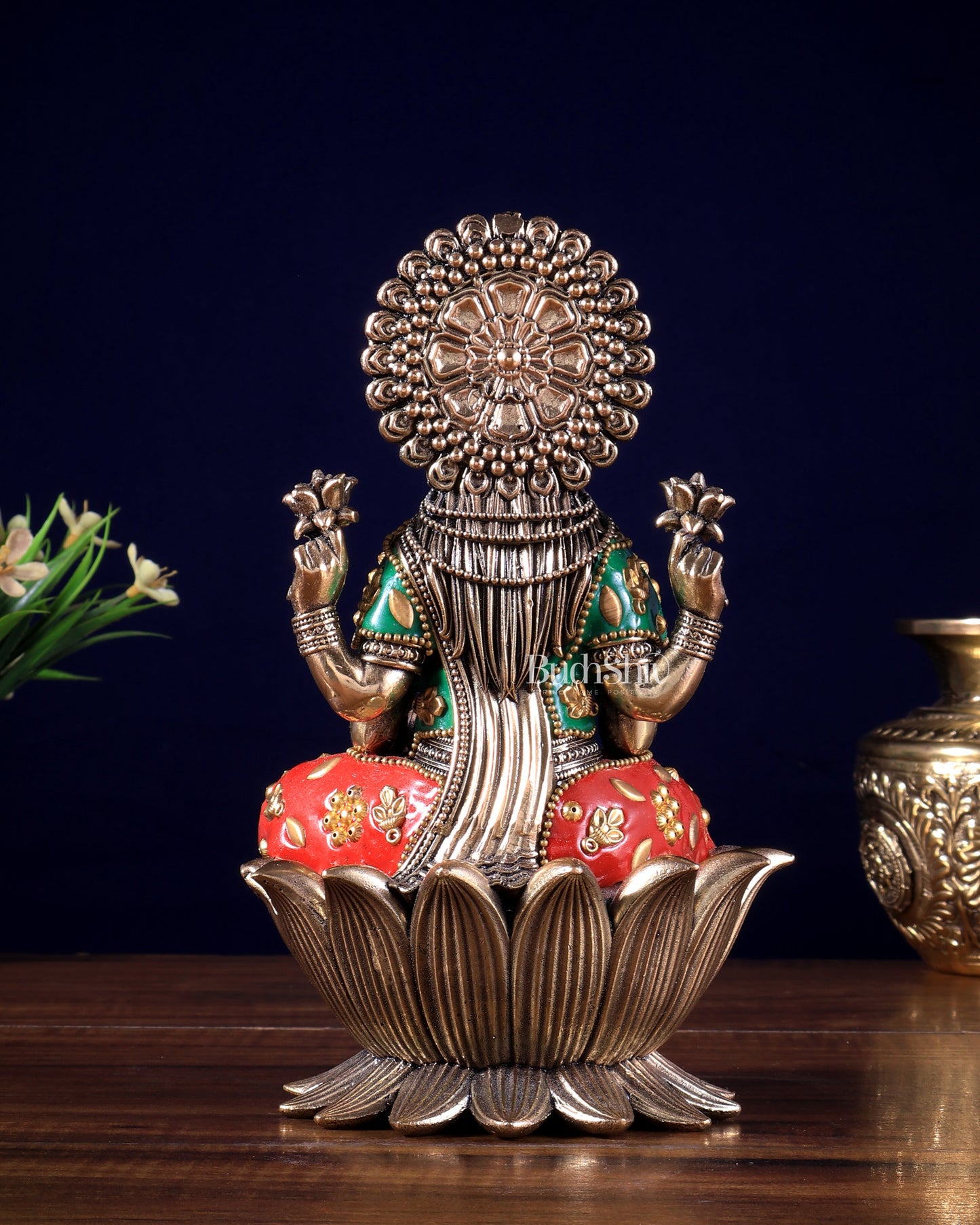 Brass Goddess Dhan Lakshmi on Lotus Idol - 8 Inch meenakari