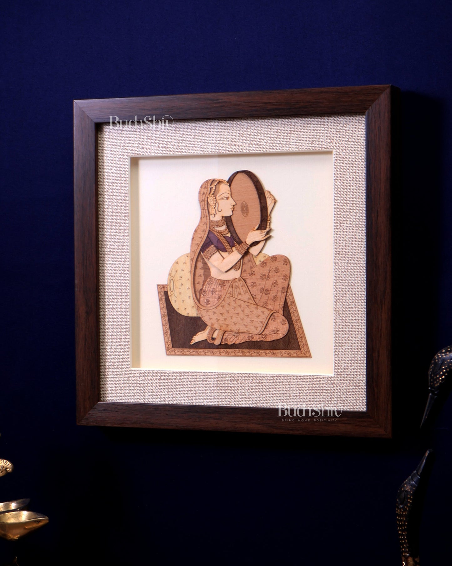 Indian Woman Playing Dafali – 3D Wooden Wall Art with Glass Frame
