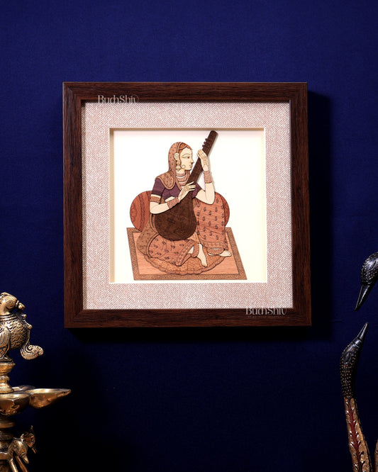 Indian Lady Playing Veena – Handcrafted Wooden 3D Wall Hanging