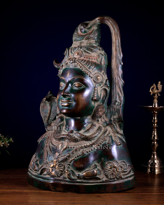 Vintage Brass Lord Shiva Face Mukhlingam | Large Size | Natural green Patina 24 inch