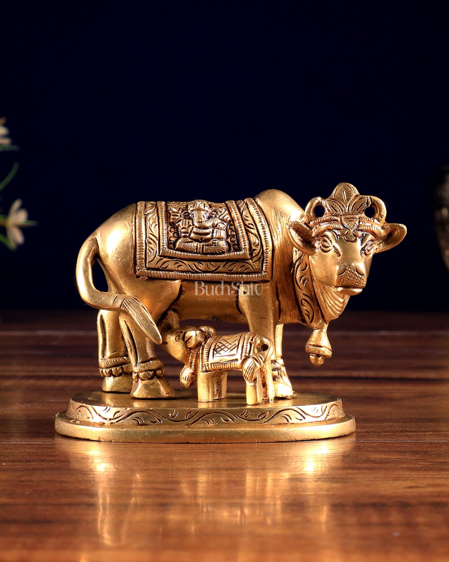 Small Brass kamdhenu Cow with Calf Idol 3"