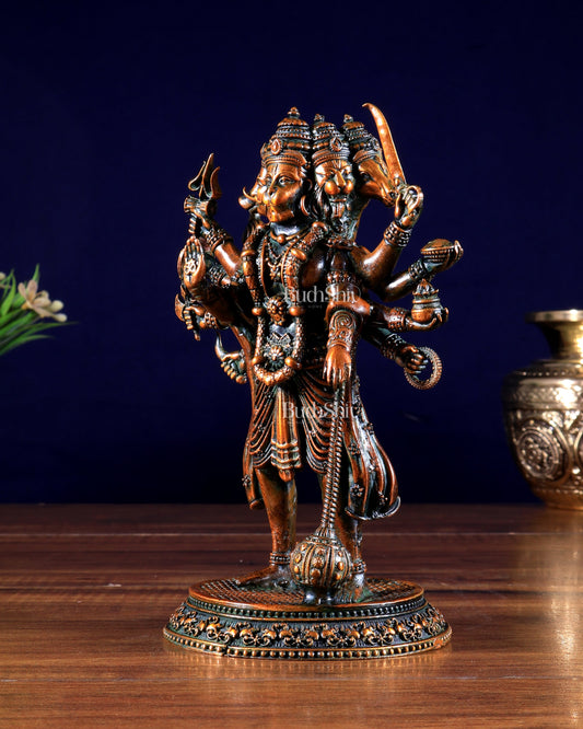 Pure Brass Superfine Standing Panchmukhi Hanuman Idol 6.5" chola brown finish