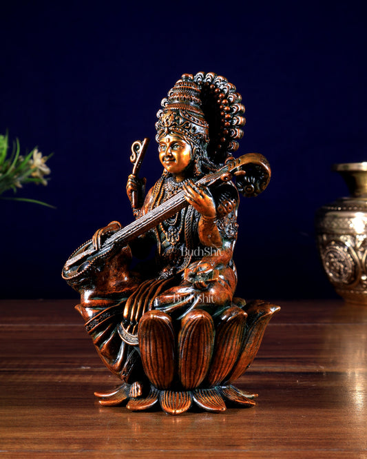 Superfine Brass Saraswati Idol - 6" Tall brown tone
