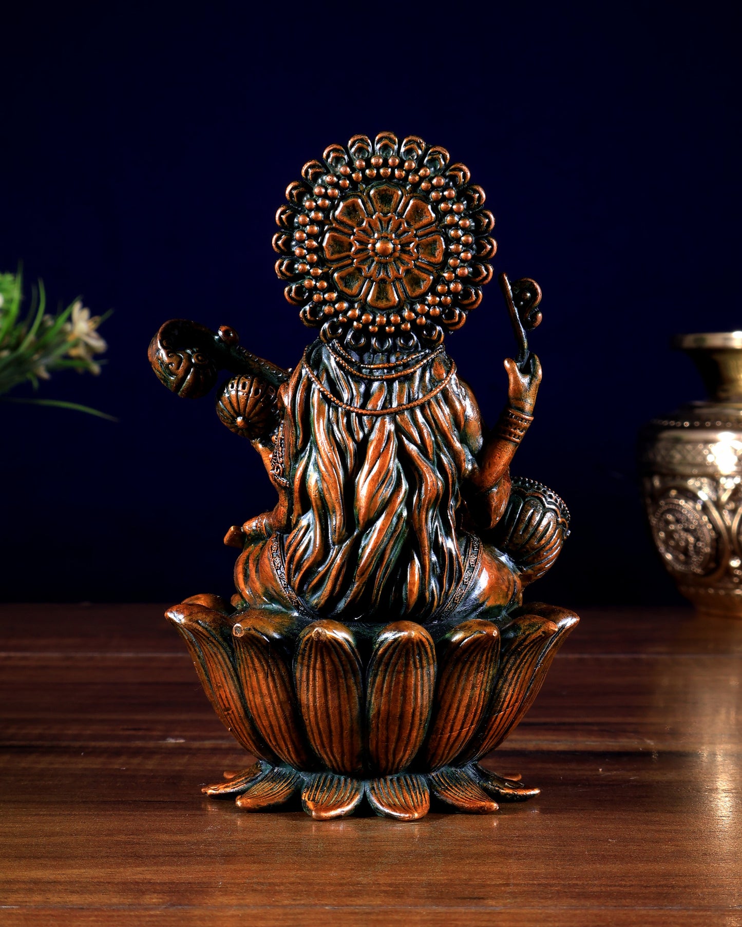 Superfine Brass Saraswati Idol - 6" Tall brown tone