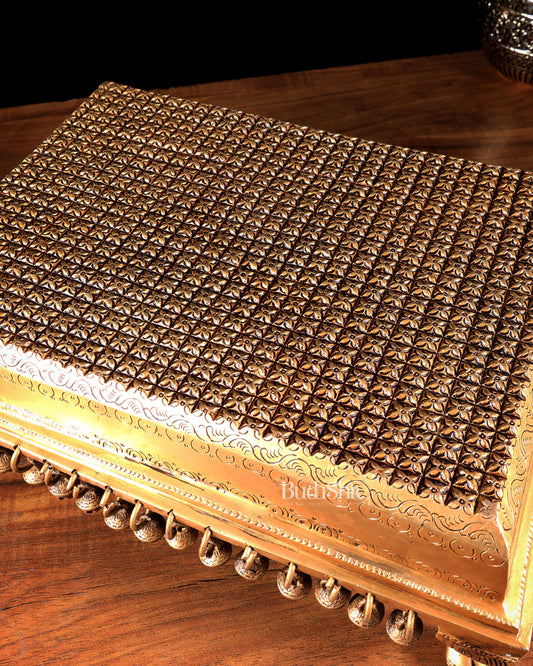 Brass Pooja Chowki Stool with Bells & Ghungroos – Divine Temple Stand 14 inch