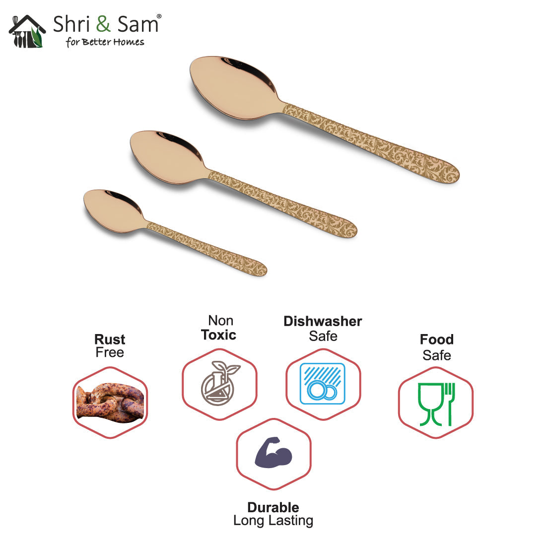 Stainless Steel Basting Spoon Solid with Rose Gold PVD Coating and Laser Jasmine