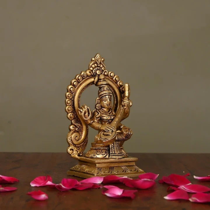Brass Superfine Saraswati On Throne Idol (5.8 Inch)
