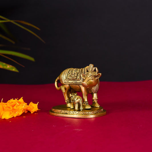 Brass Kamdhenu Cow With Calf Idol (2.5 Inch)