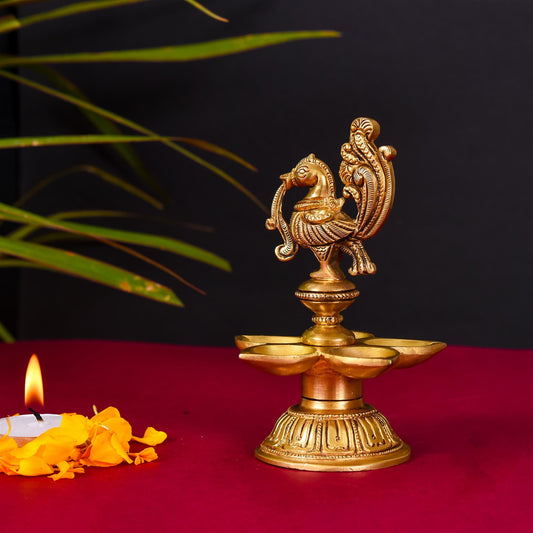 Brass Ethnic Five Petal Peacock Diya (5.2 Inch)