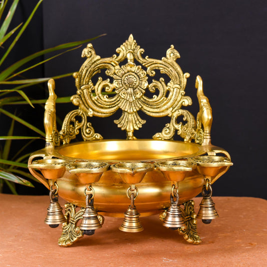Brass Elephant Carving Urli With 5 Diyas And Bells (12 Inch)