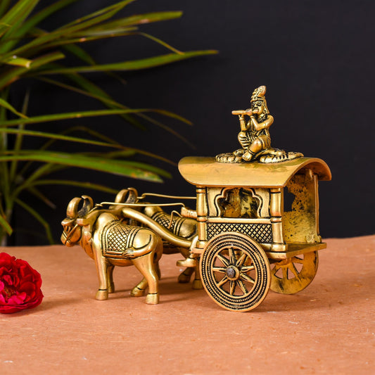 Brass Double Bullock Cart With Krishna (5.8 Inch)