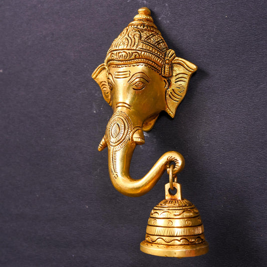 Brass Ethnic Wall Hanging Ganesha Face With Bell (7.5 Inch)