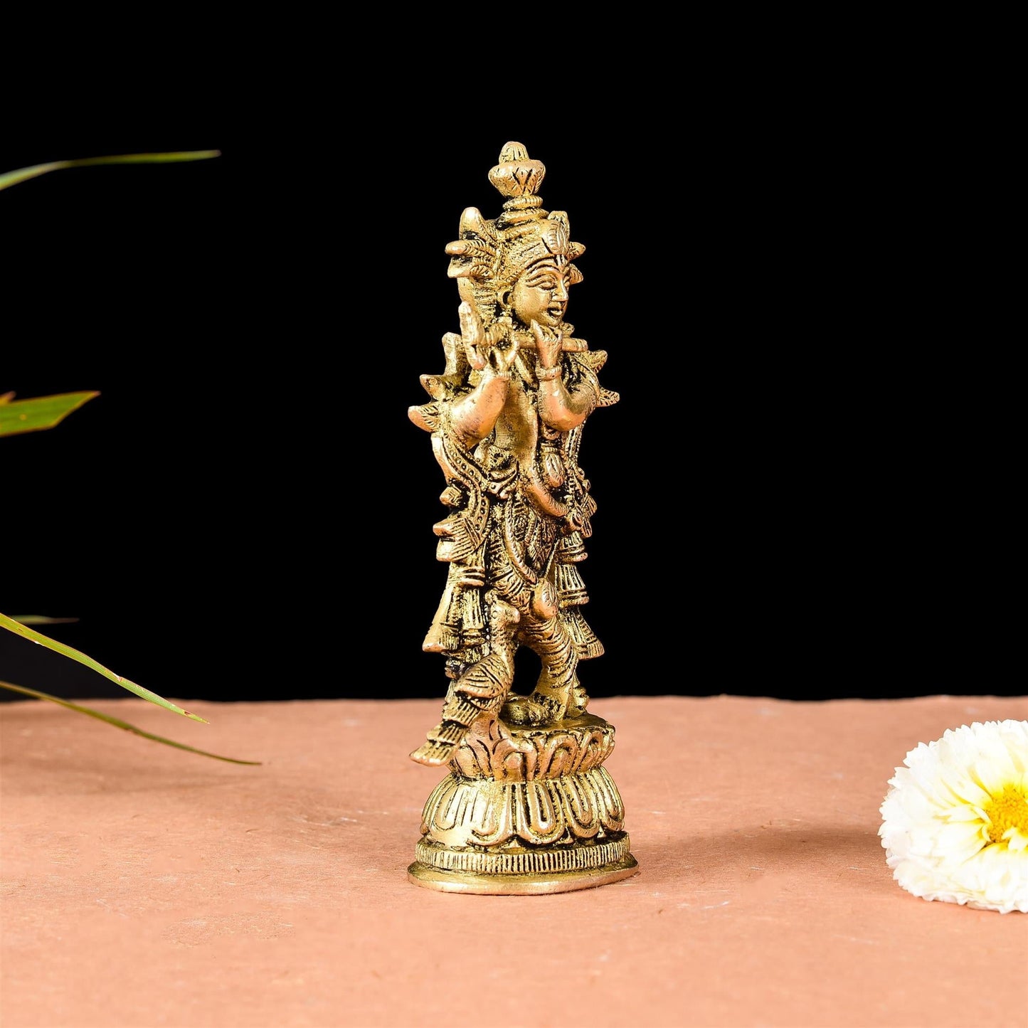 Brass Lord Krishna With Base Idol (6.7 Inch)