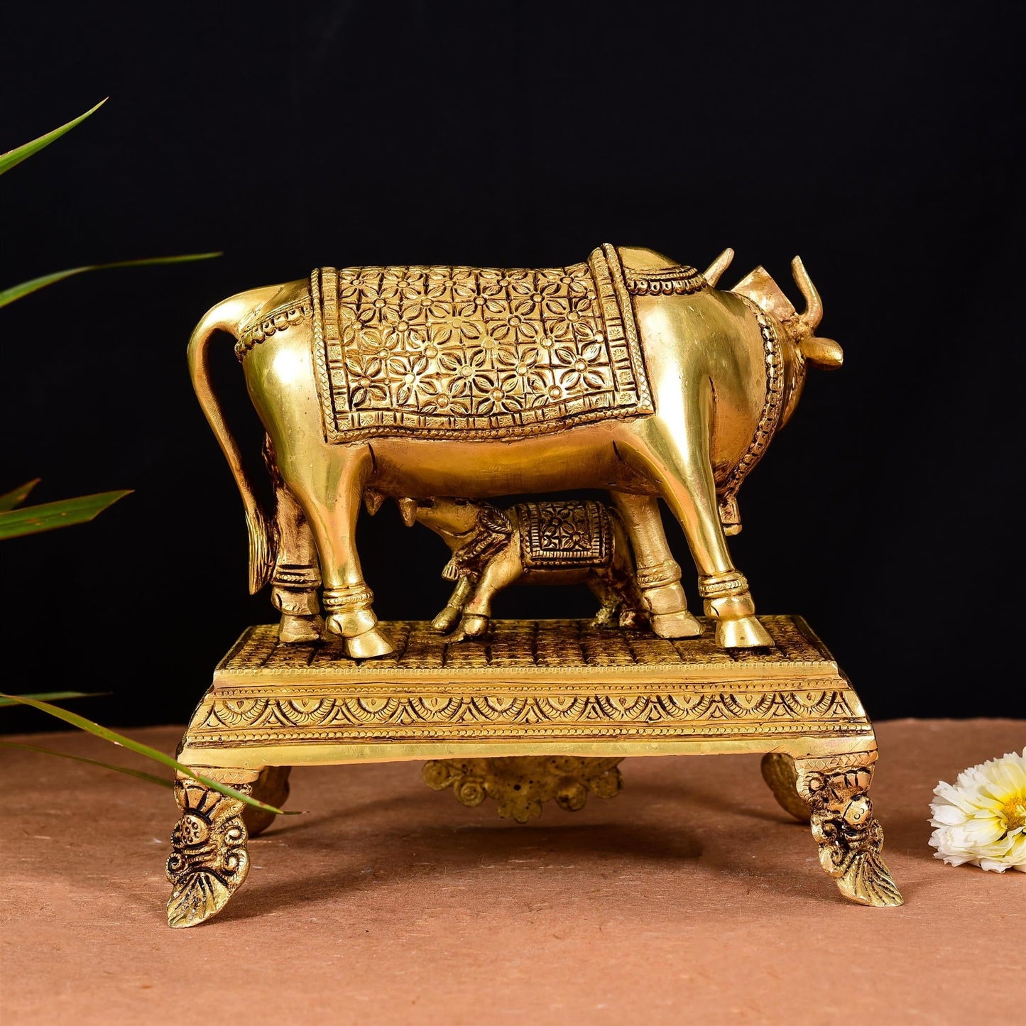 Brass Superfine Kamdhenu Cow With Calf Idol (7.5 Inch)