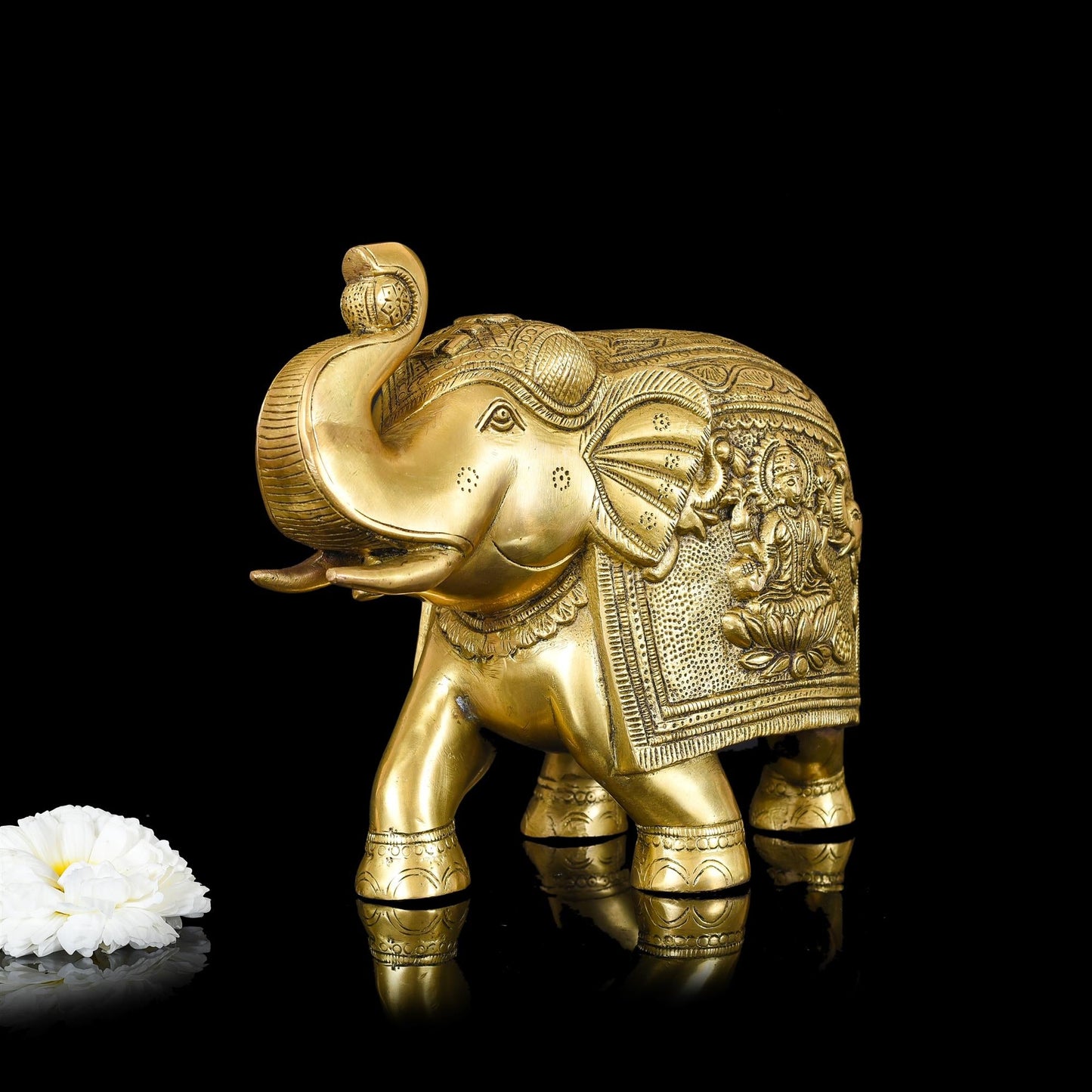 Brass Royal Elephant With Ganesha And Lakshmi Carving (8.5 Inch)