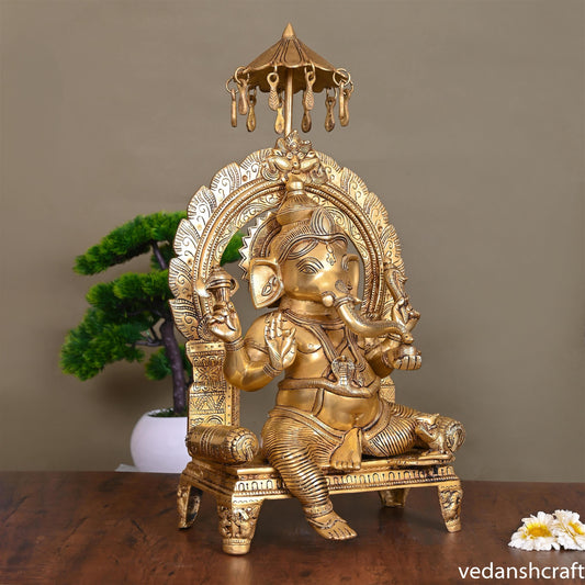 Brass Ganesha On Throne Idol (19.5 Inch)