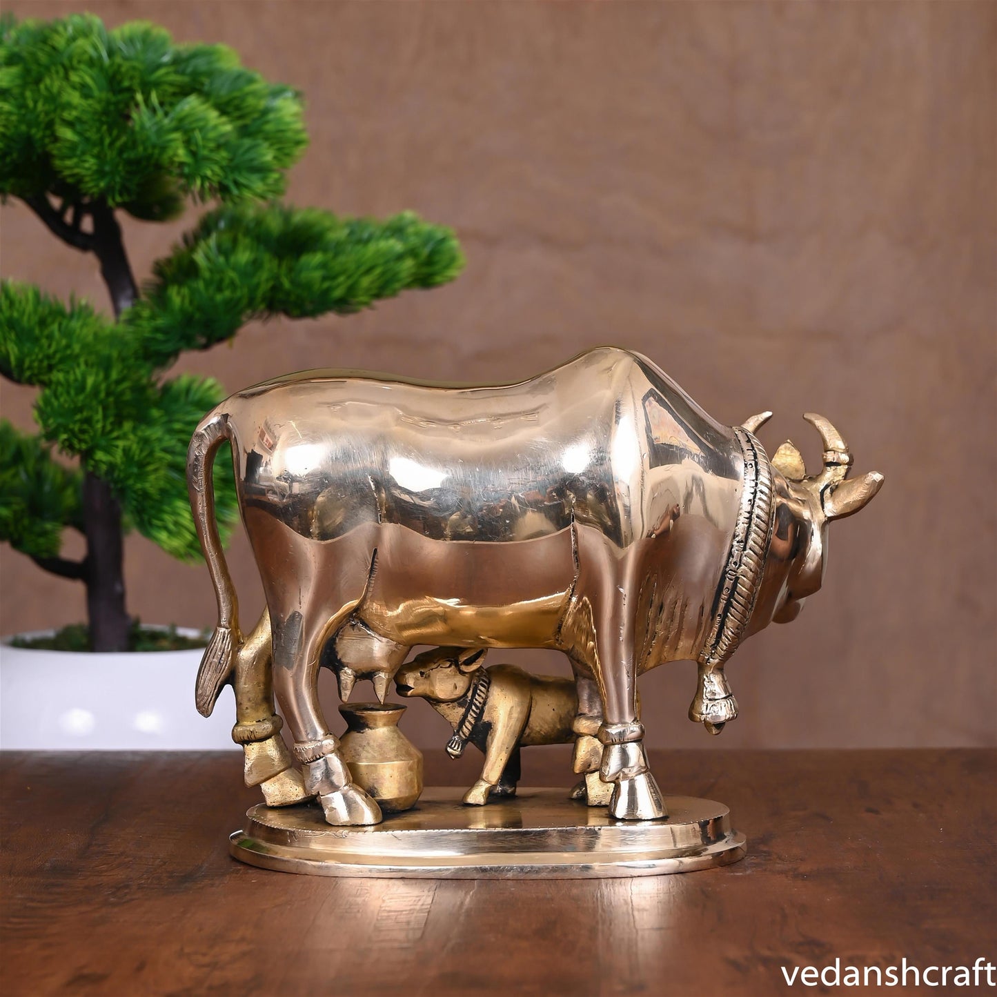 Brass Kamdhenu Cow With Calf Idol (6 Inch)