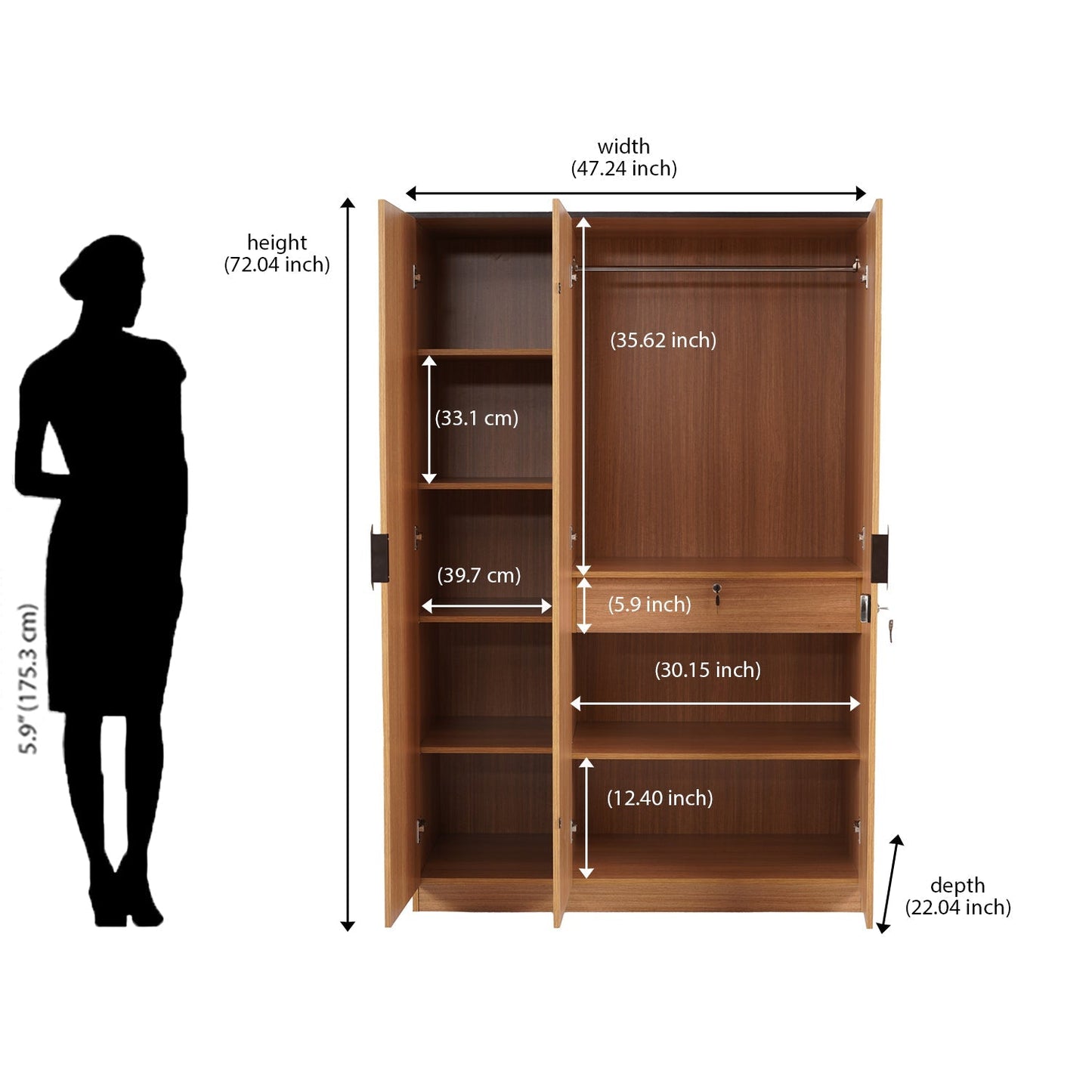 Nilkamal Milford 3 Door Wardrobe (Urban Teak)