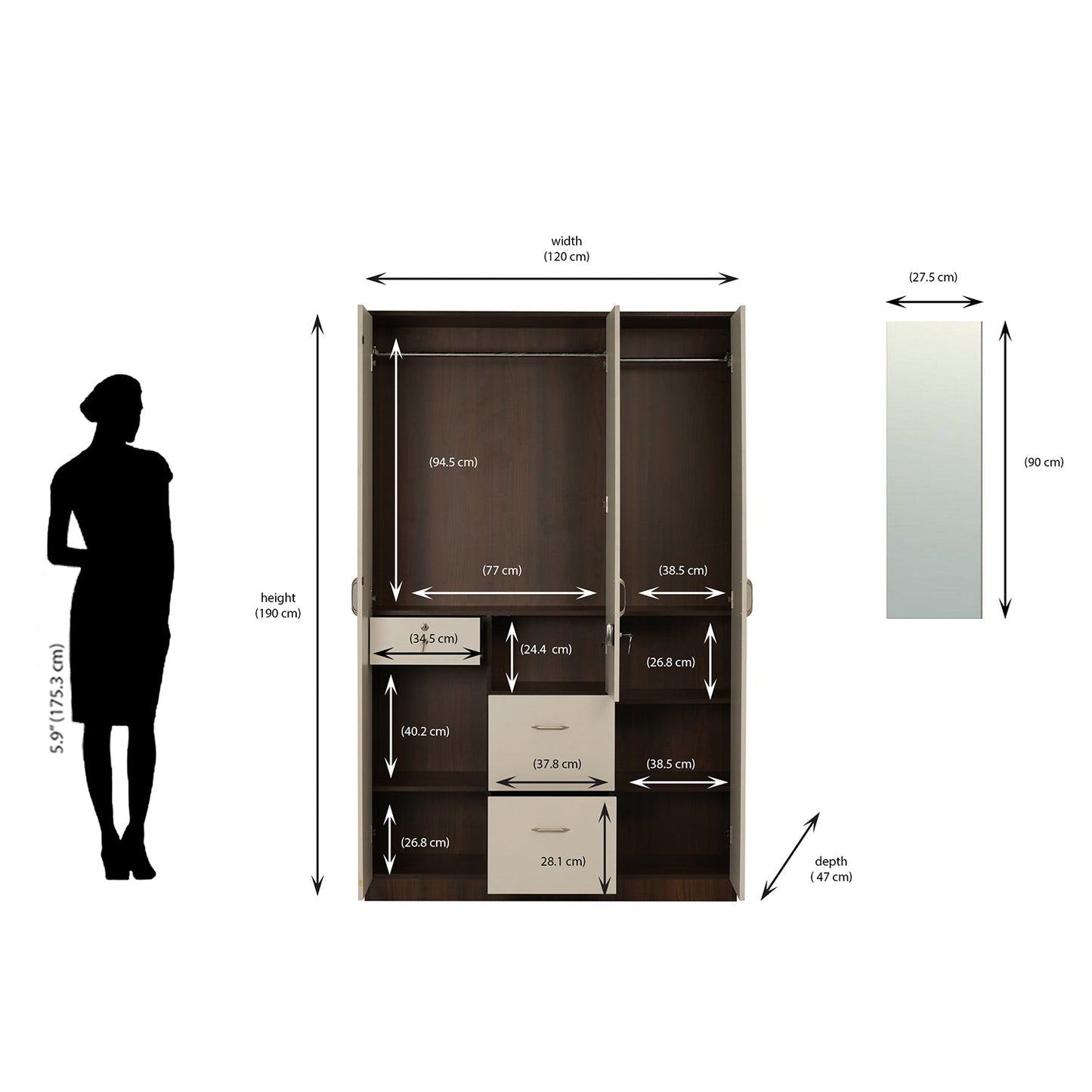Nilkamal Mozart 3 Door Mirror Wardrobe (Walnut / White)