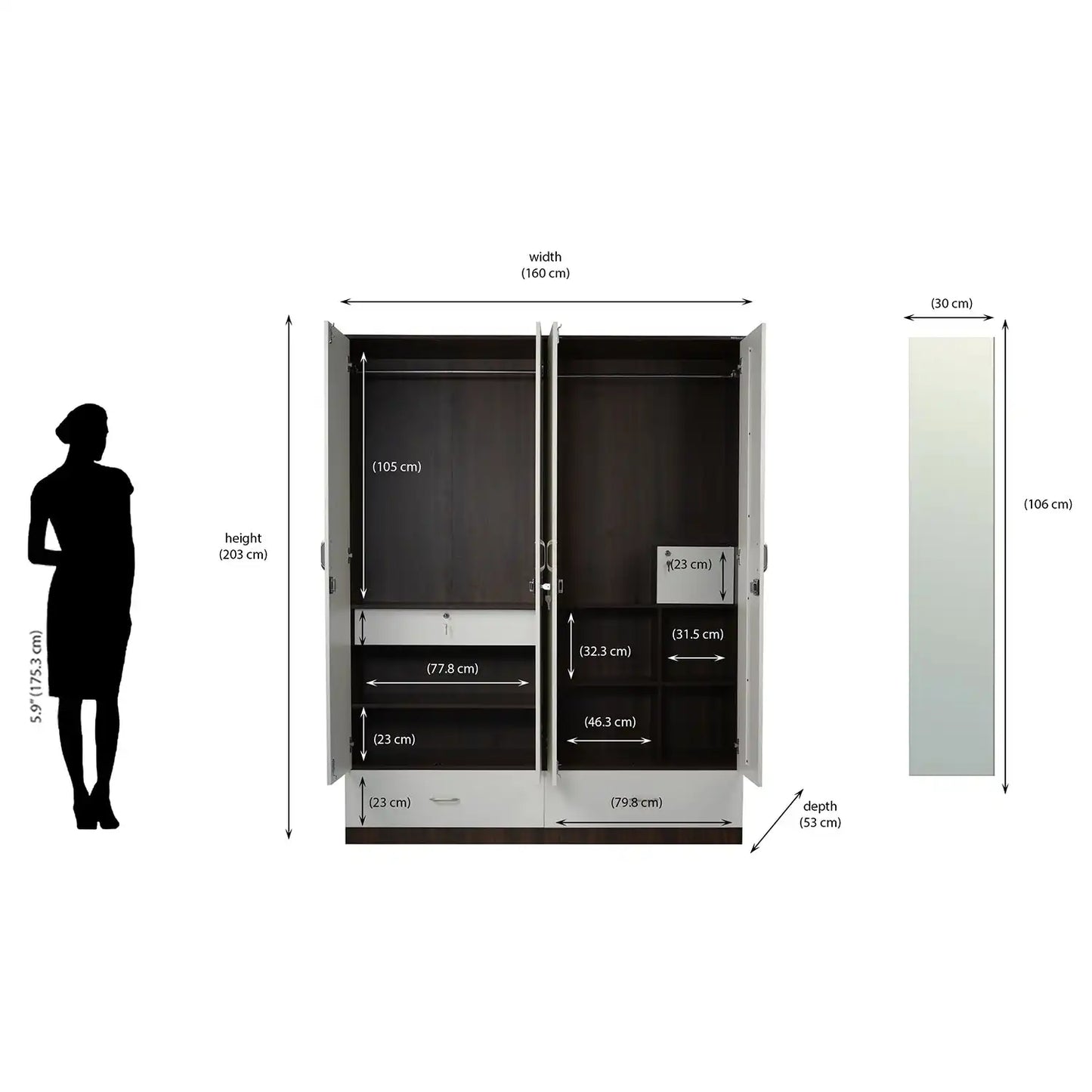 Nilkamal Mozart 4 Door Mirror Wardrobe (Walnut / White)