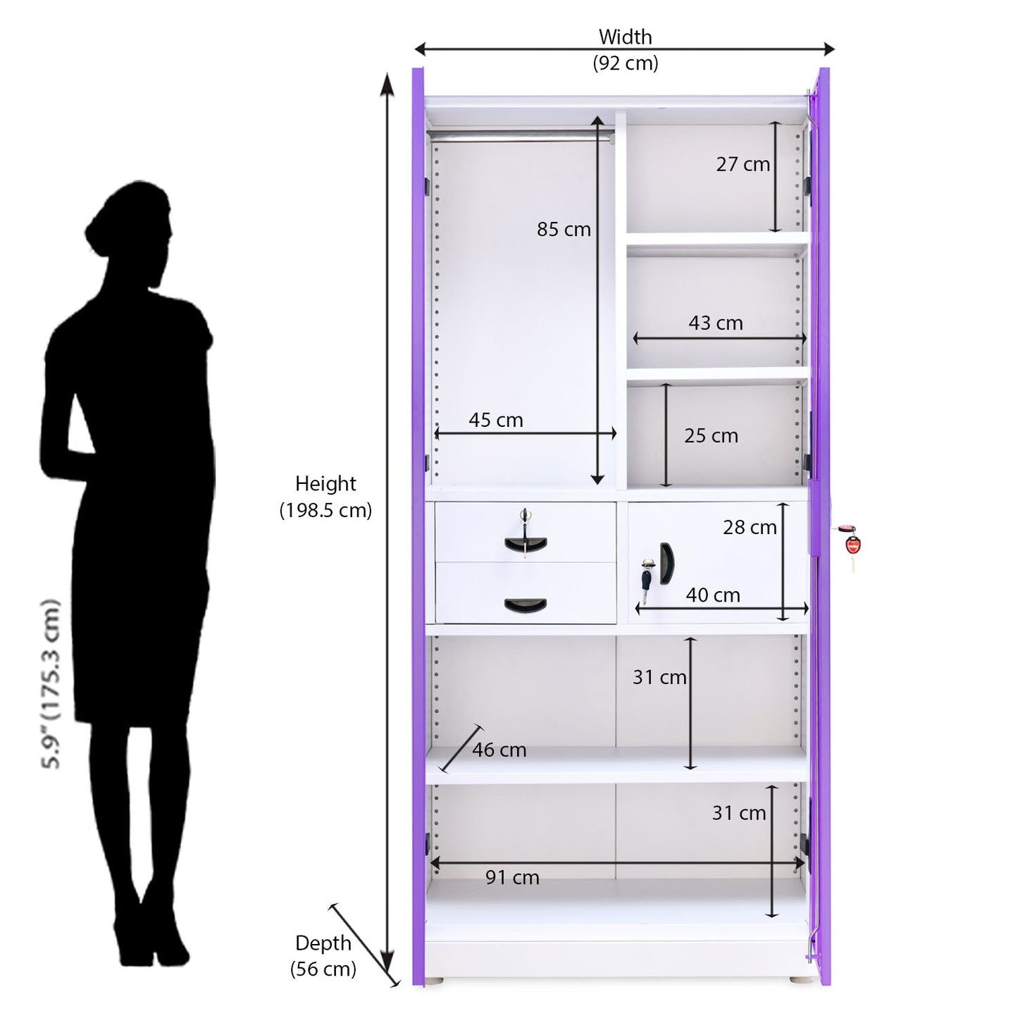 Nilkamal Olympus 2 Door with Mirror Steel Wardrobe (Voilet / White)