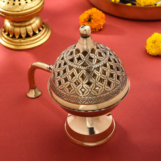 Brass Dhoop Dani & Incense Holder With Handle (7.5 Inch)