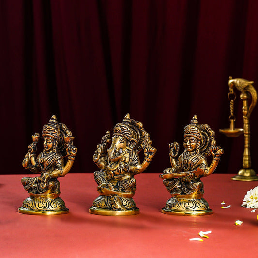 Brass Ganesha, Lakshmi And Saraswati Idol (4.5 Inch)