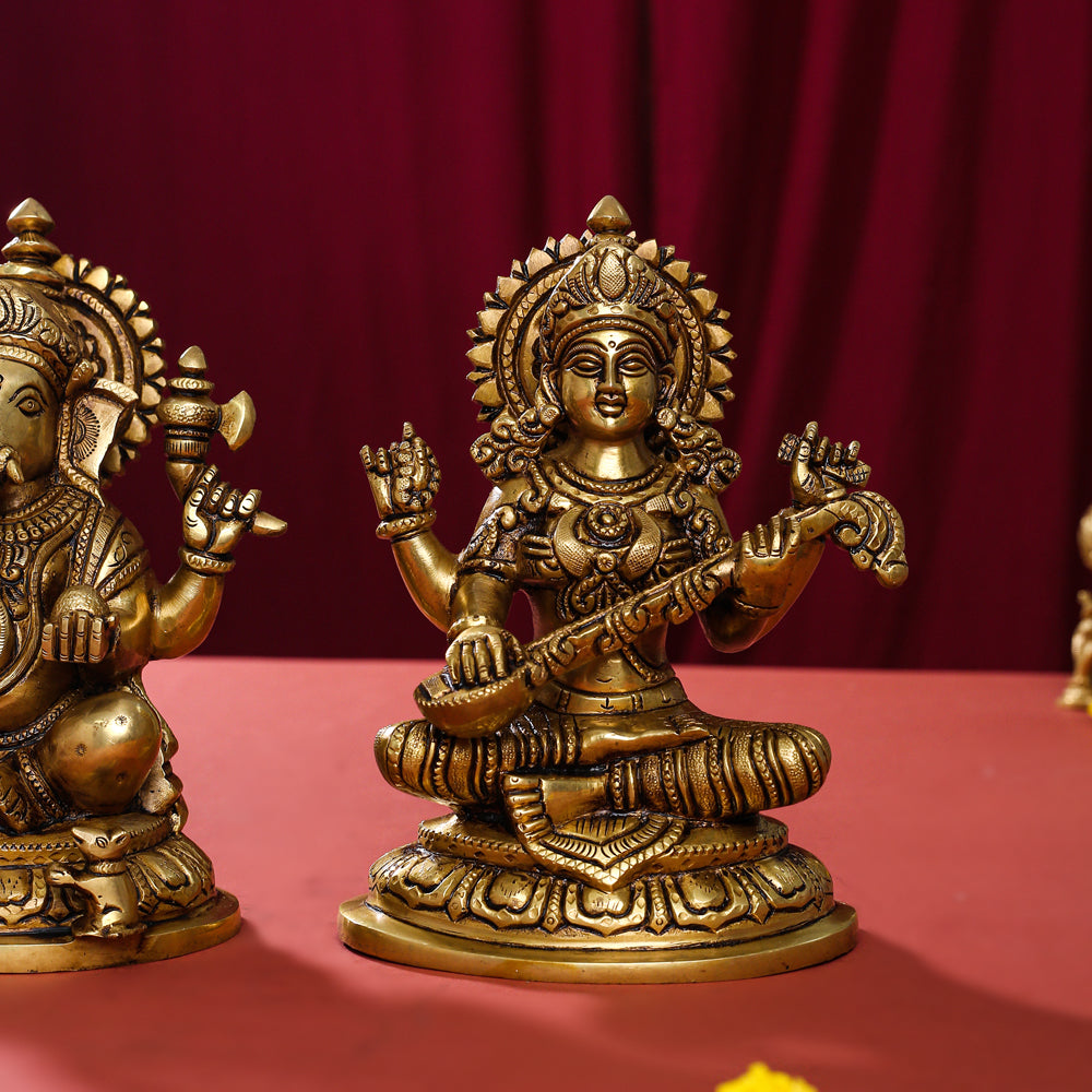 Brass Superfine Ganesha Lakshmi Saraswati Set (8 Inch)