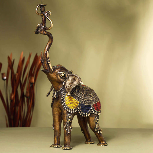 Brass Dhokra up Trunk Monkey Elephant Statue (23.5 Inch)