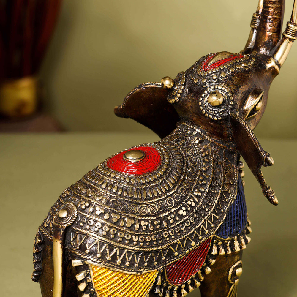 Brass Dhokra up Trunk Monkey Elephant Statue (23.5 Inch)